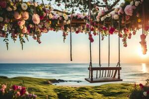 a swing hanging from a flower covered arch over the ocean. AI-Generated photo