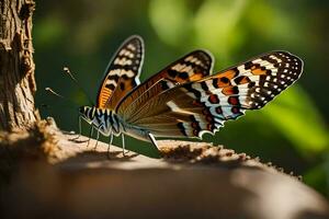 a butterfly is sitting on a tree trunk. AI-Generated photo