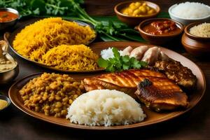 indian food on a wooden table. AI-Generated photo