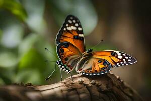 a butterfly is sitting on a branch with a green background. AI-Generated photo