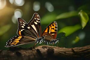 dos mariposas son sentado en un rama. generado por ai foto