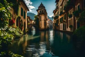 a canal in the middle of a town with buildings. AI-Generated photo