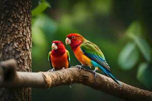 dos vistoso aves sentado en un rama. generado por ai foto