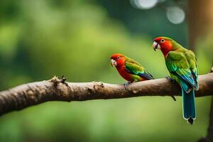 dos vistoso aves sentado en un rama. generado por ai foto