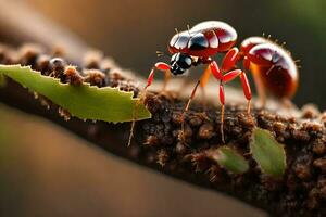 un rojo hormiga es en pie en un rama. generado por ai foto