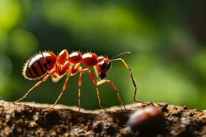 an ant is standing on a log. AI-Generated photo