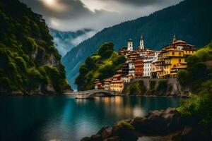 a beautiful village sits on the edge of a lake. AI-Generated photo