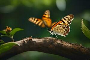 dos mariposas son sentado en un rama. generado por ai foto