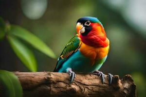 a colorful bird sits on a branch. AI-Generated photo
