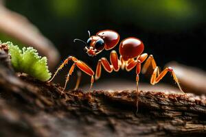 a red ant is standing on a branch. AI-Generated photo