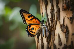 a butterfly is perched on a tree trunk. AI-Generated photo