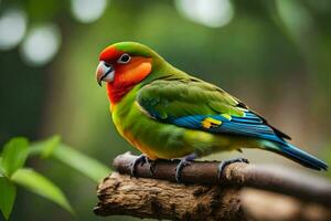 a colorful bird sits on a branch. AI-Generated photo