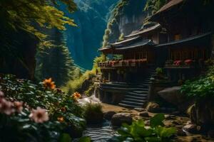 a beautiful chinese house in the mountains. AI-Generated photo