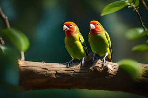 two green and red birds sitting on a branch. AI-Generated photo