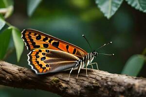 un mariposa es sentado en un rama. generado por ai foto