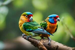 two colorful birds sitting on a branch. AI-Generated photo