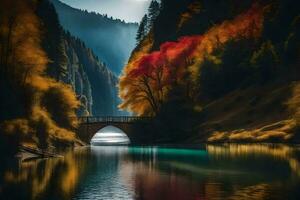 un puente terminado un río en el montañas. generado por ai foto