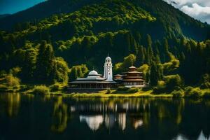 a mosque sits on the shore of a lake surrounded by trees. AI-Generated photo