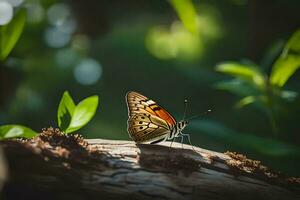 a butterfly is sitting on a tree branch. AI-Generated photo