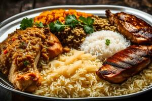 un plato de arroz, pollo y arroz con un lado de arroz. generado por ai foto