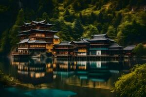 a chinese house on the water in the middle of a forest. AI-Generated photo