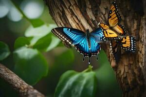 dos mariposas son sentado en un árbol trompa. generado por ai foto