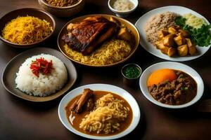 a variety of dishes including rice, meat and vegetables. AI-Generated photo