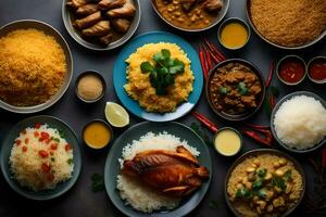 varios platos de asiático comida en un mesa. generado por ai foto