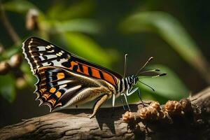 un mariposa es sentado en un rama. generado por ai foto