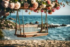 a swing with flowers hanging from it on the beach. AI-Generated photo