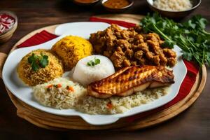 un plato de comida con arroz, carne y vegetales. generado por ai foto