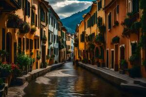 a narrow street in a small town with colorful buildings. AI-Generated photo