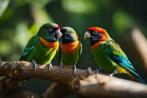 three colorful birds sitting on a branch. AI-Generated photo