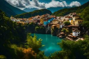 vistoso casas y un lago en el montañas. generado por ai foto