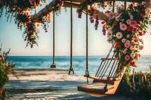 a swing hanging from a wooden frame with flowers on it. AI-Generated photo