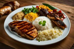 un plato de comida con arroz, carne y vegetales. generado por ai foto