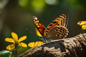 a butterfly sits on a branch with yellow flowers. AI-Generated photo