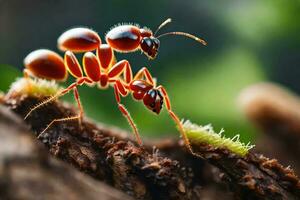 two red ants walking on a branch. AI-Generated photo