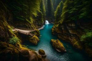 el puente es en el medio de el agua. generado por ai foto