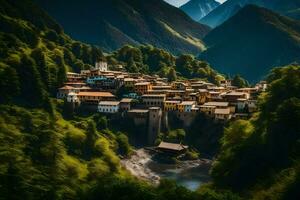 a village in the mountains with a river. AI-Generated photo