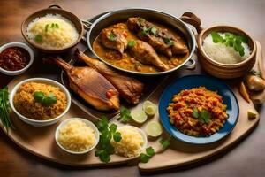 un mesa con varios platos de alimento. generado por ai foto