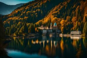 un hermosa castillo se sienta en el borde de un lago rodeado por arboles generado por ai foto