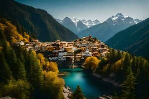 un pequeño pueblo se sienta en el borde de un montaña. generado por ai foto