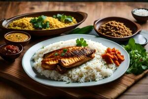 a plate of fish, rice and vegetables on a wooden table. AI-Generated photo