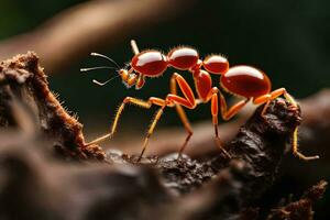 a red ant is walking on a branch. AI-Generated photo