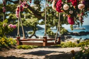 a swing with flowers hanging from it on a beach. AI-Generated photo