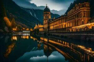 a beautiful building sits on the side of a river. AI-Generated photo