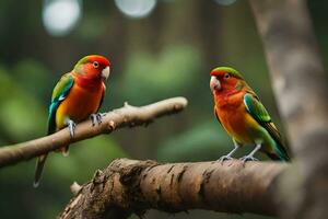 two colorful birds sitting on a branch. AI-Generated photo