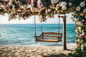 a swing on the beach with flowers. AI-Generated photo