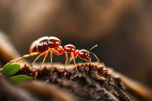 an ant is walking on a log. AI-Generated photo